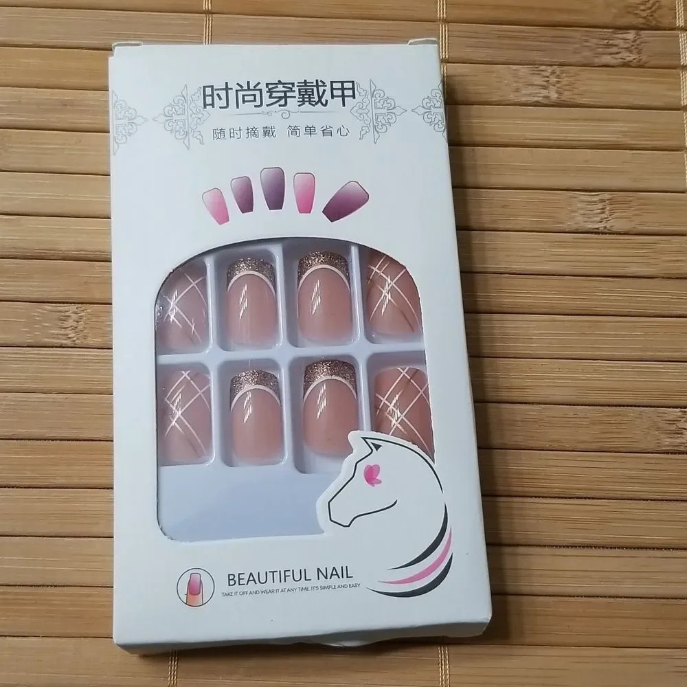 24 Glitter and striped french tip press on nails set - Picture 2 of 4